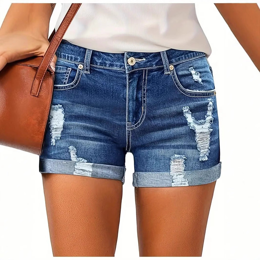 Elastic Denim Fringe Shorts