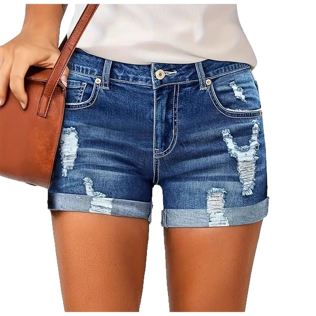 Elastic Denim Fringe Shorts