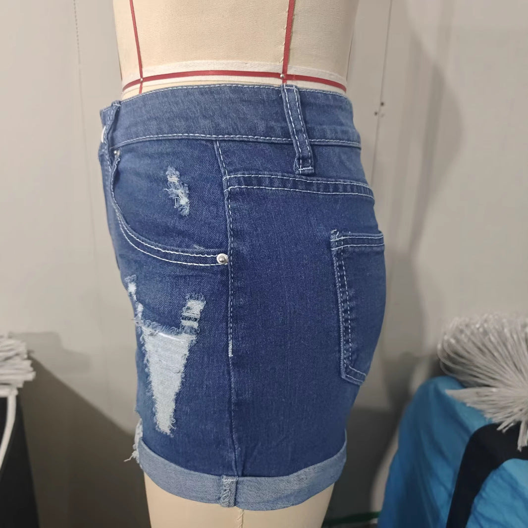 Elastic Denim Fringe Shorts
