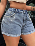 Womens Rhinestone Fringe Denim Shorts