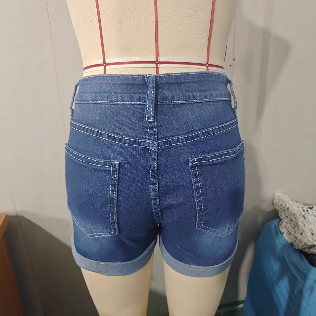 Elastic Denim Fringe Shorts