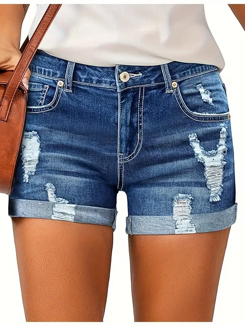 Elastic Denim Fringe Shorts